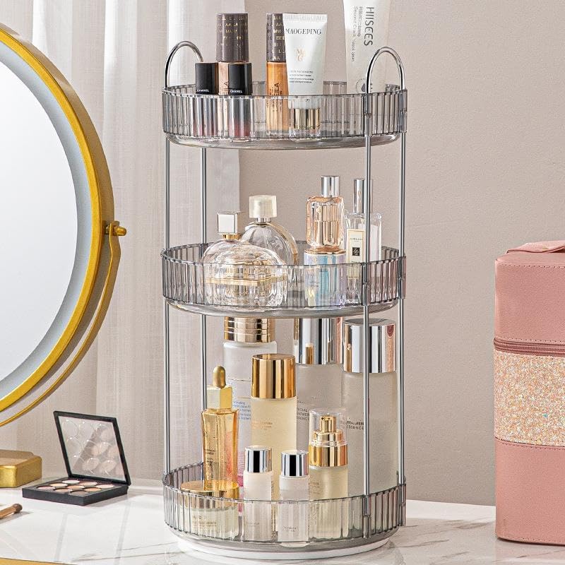 Makeup Organizer for Vanity, 360° Rotating Bathroom Organizer Countertop, High-Capacity Skincare Organizer, Spinning Cosmetics Organizer for Dresser Countertop (3 Tiers, Grey)