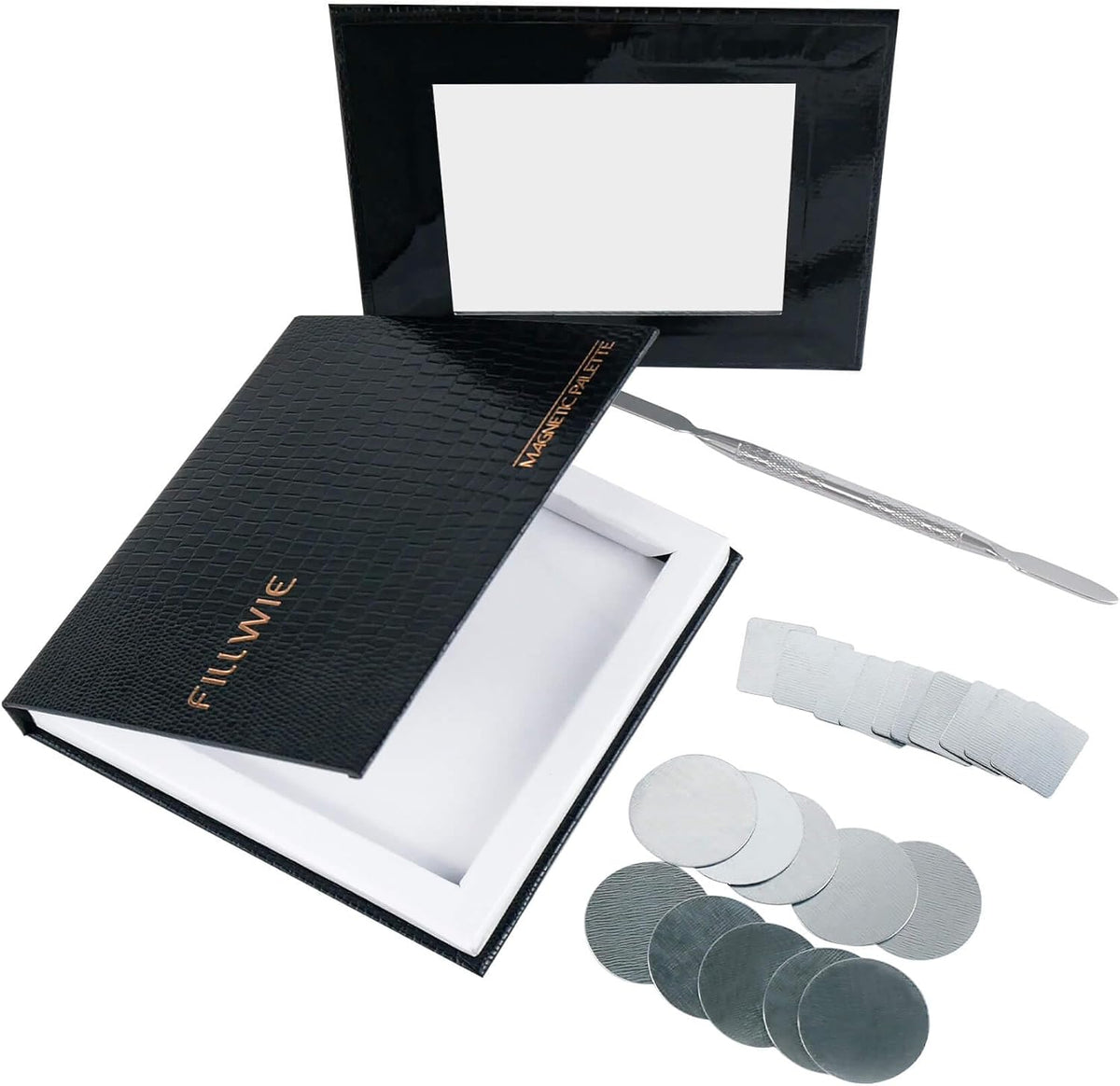 Small Empty Magnetic Makeup Palette with Mirror, Spatula, 20 Metal Stickers, Suitable for Eyeshadow Lipstick Blush Powder Highlighter and Contour (Black, Small)