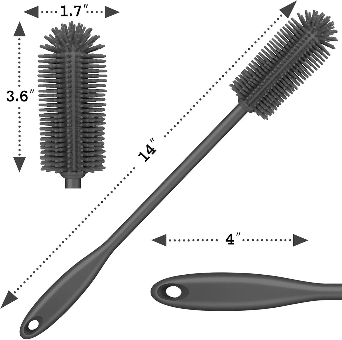 Silicone Bottle Brush, Water Bottle Cleaner Brush with Long Handle, Perfect for Cleaning Narrow Neck Containers, Vacuum Sports Bottle, Tumblers, Flask, Glassware (1 Pack, Charcoal)