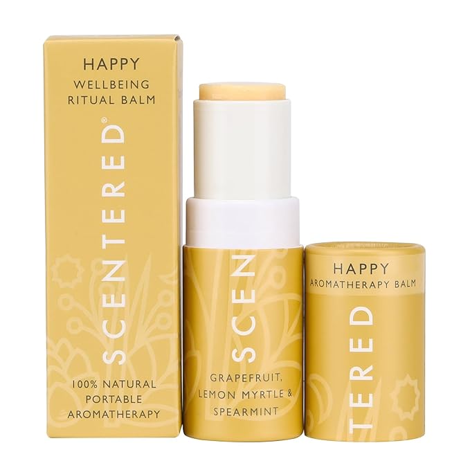 Scentered Aromatherapy Balm Stick - Happy - Mood Boost Roll On Essential Oils Blend for Positive Thinking - 100% Natural: Grapefruit, Cedarwood, Lemon Myrtle Essential Oil - Positive Gifts for Women