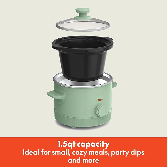 bella 1.5 Qt Slow Cooker with 3 Heat Manual Control, EverGood™ Ceramic Nonstick Coating, Dishwasher Safe Stoneware Pot and Tempered Glass Lid, Tangle Free Cord Wrap & Cool Touch Handles, Seaglass