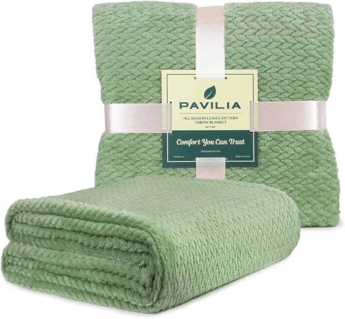 PAVILIA Soft Fleece Light Green Throw Blanket for Couch, Lightweight Plush Warm Blankets for Bed, Fuzzy Cozy Flannel Blanket Throw for Sofa, Travel, Jacquard Pattern, Sage Green, Twin, 60x80 inch