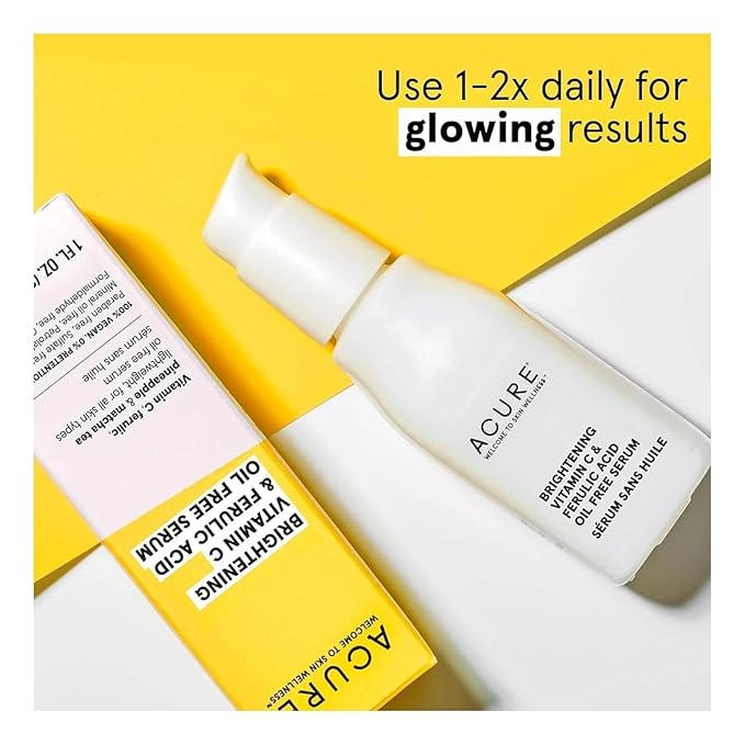 ACURE Face Brightening Vitamin C & Ferulic Acid Serum - Day & Night Oil Free Glowing Facial Serum - Vitamin C, Ferulic Acid & Pineapple Extract For Natural Brighter Look - for All Skin Types 1 fl oz
