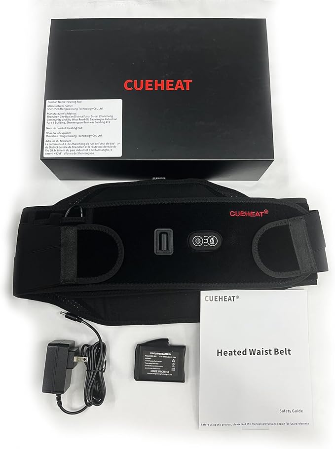 CUEHEAT Heated Waist Belt, Cordless Heating Pad for Low Back, Electrical Heating and Massage, Rechargeable Battery Powered (Dark Black, 49inch)