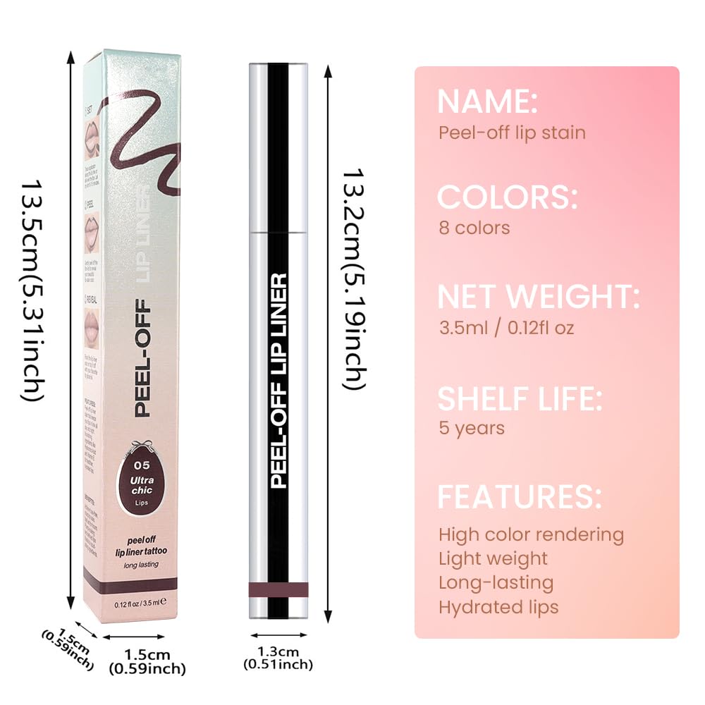 Peel Off Matte Liquid Lip Gloss Stain-Lip Liner with Tweezer, Dark Brown Peel Off Lip Stain, Long Lasting & Waterproof Lipstick Tattoo, Transfer-Proof Lip Gloss for All Skin Types (05#, 1Pcs)