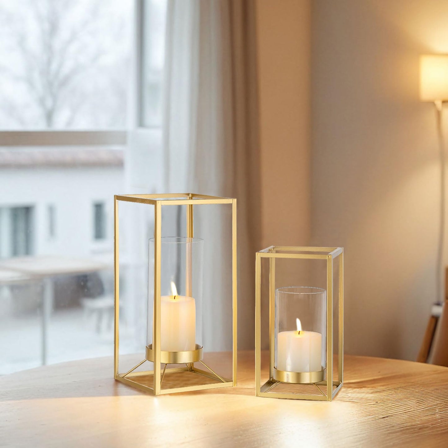 Staymoment Gold Metal Lantern Decorative Set of 2 with Hurricane Glass: Indoor Modern Farmhouse Candle Holder for Table Centerpiece Fireplace Mantles Shelf, 12" & 9"