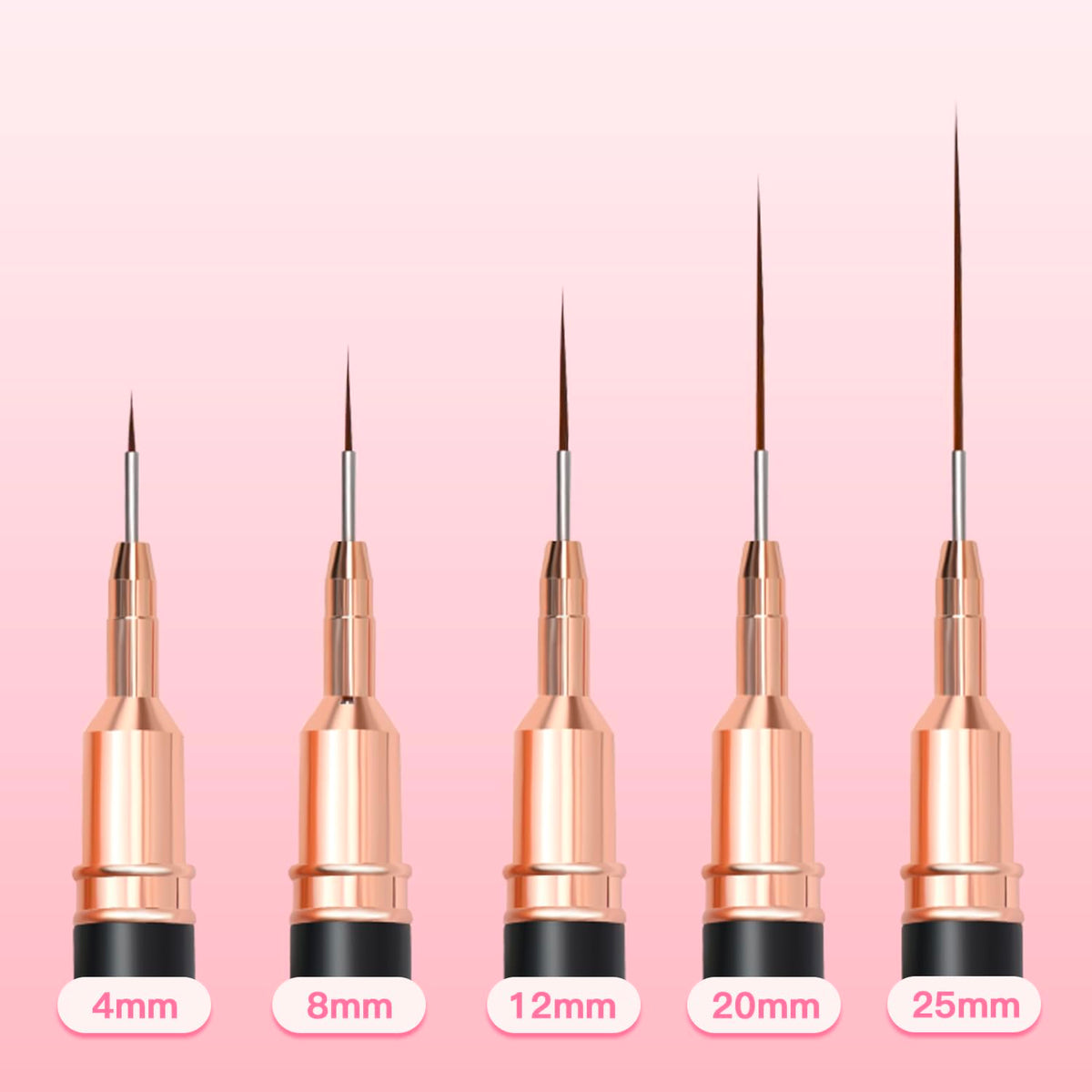 Metallic Nail Art Brushes, 5Pcs Liner Brush Set, UV Gel Polish Painting Art Design Pen for Long Lines, Thin Details, Fine Drawing Sizes 4/8/12/20/25mm(Black)