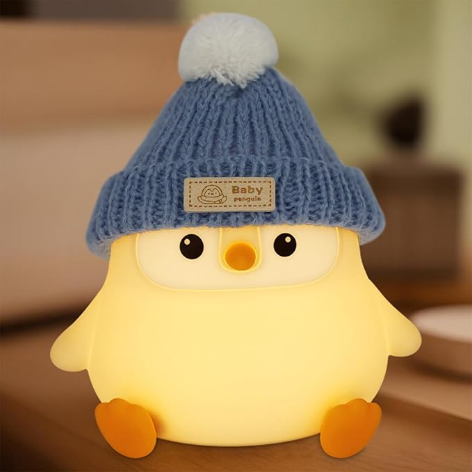 Penguin Lamp with Knit Hat,Kawaii Penguin Night Light,Food Grade Silicone,Dimmable Nursery Nightlight,LED Squishy Novelty Animal Lamp,Kids Room Decor,Funny Gifts for Kids Boys Girls Baby