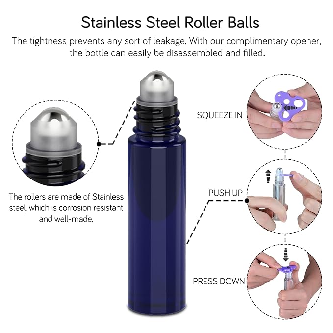 PrettyCare 6 Pack, 10 ml Essential Oil Roller Bottles with Stainless Steel Roller Ball - Refillable Leak-proof Empty Thick Blue Glass Roll on Bottles with Black Caps for Travel, Perfume