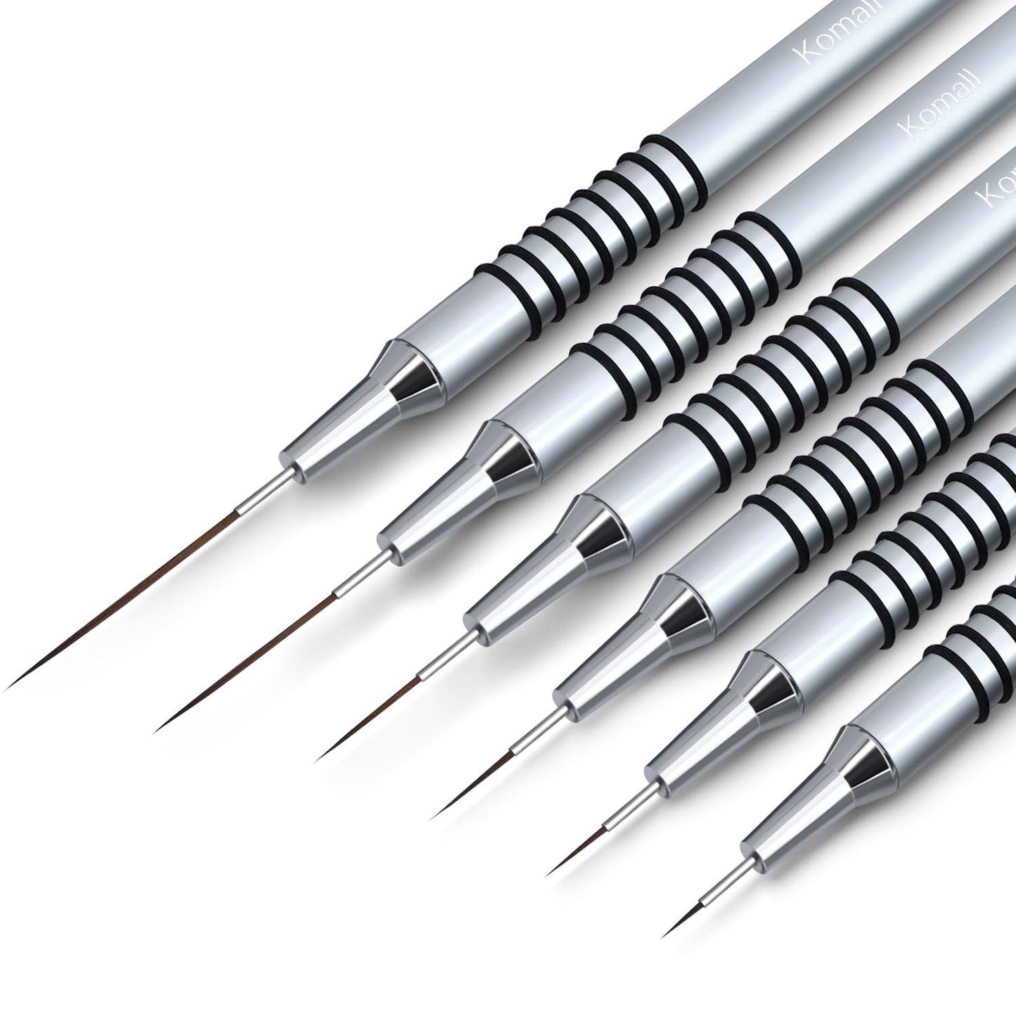 Metallic Nail Art Brushes, 6Pcs Non Slip Liner Brush Set, UV Gel Polish Painting Art Design Pen for Long Lines, Thin Details, Fine Drawing Sizes 5/7/9/11/20/25mm(Silver)