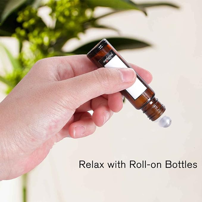 PrettyCare 4 Pack, 10 ml Essential Oil Roller Bottles with Stainless Steel Roller Ball - Refillable Leak-proof Empty Thick Amber Glass Roll on Bottles with Metal Caps for Travel, Perfume