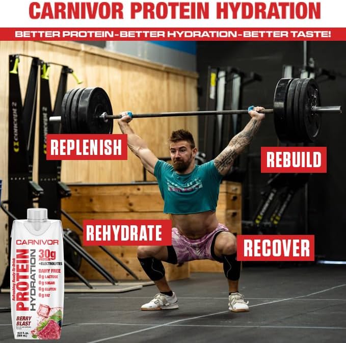 MuscleMeds Carnivor Protein Hydration RTD, Refreshing Ready to Drink, 30 g Isolate Protein, Lactose Free, Sugar Free, Electrolytes, Muscle Building, Recovery, Halal Certified, Berry Blast, 16.9 Fl Oz