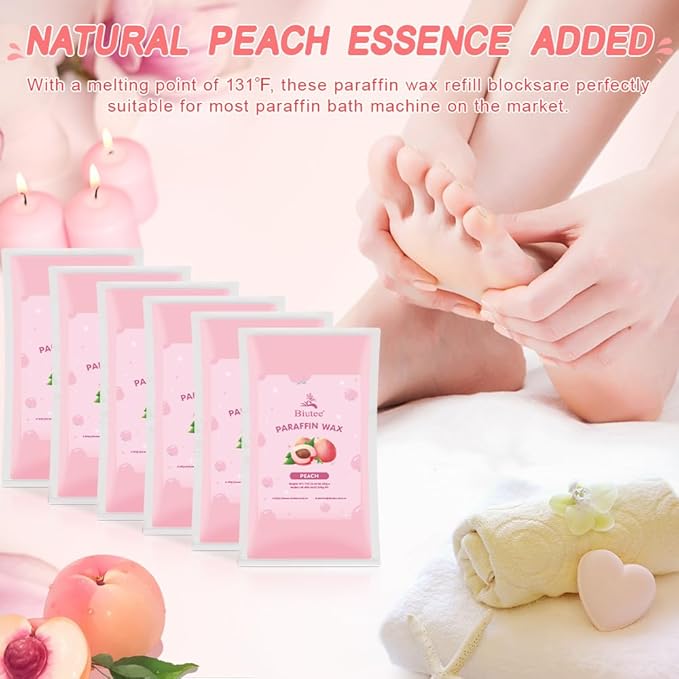 Biutee Paraffin Wax Refills 6 Pack 0.44 Pound per pack Peach Scented Paraffin Wax Paraffin Blocks Moisturizing for Hand and Feet Low Melt Paraffin Wax(Peach)