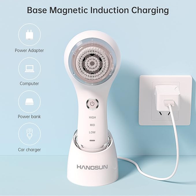 Facial Cleansing Brush Sonic Facial Brush Skin Cleansing Electric Face Scrubber Exfoliator by Hangsun SC200 with 3 Brush Heads, 3 Speed Modes Rechargeable for Exfoliating, Massaging and Deep Cleansing