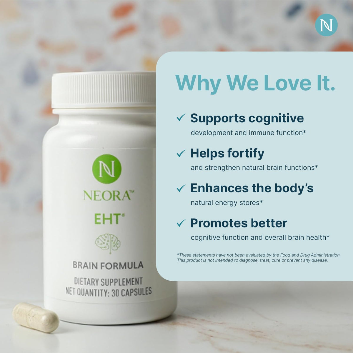 NEORA EHT - Brain Formula with EHT Extract, B6, B12, D, Alpha Lipoic Acid, Huperzine-A for Memory, Focus, Cognitive Health - 30 Capsules