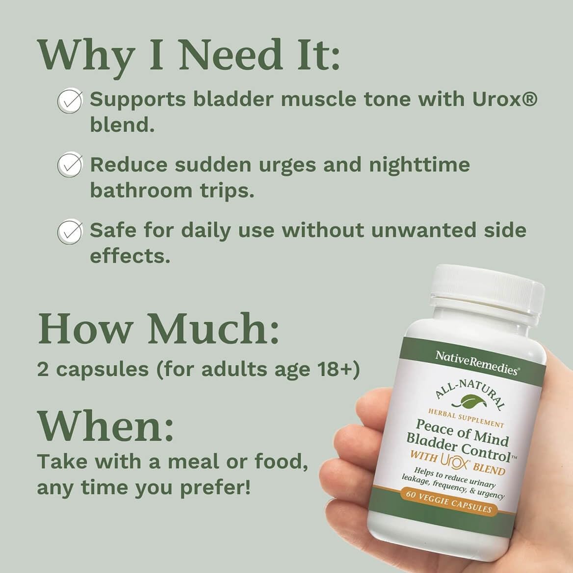 Native Remedies Bladder Control Supplements - Peace of Mind with Urox - Bladder Support for Women & Men, for Overactive Bladders Health - Reduce Nighttime Urination - Non-GMO Vegan Capsules (60 Count)