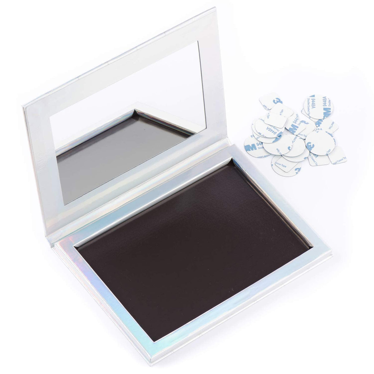 Magnetic Palette Mermaid Empty Makeup Palette with Mirror and 30Pcs Adhesive Empty Palette Metal Stickers for Eyeshadow Lipstick Blush Powder (Silver)