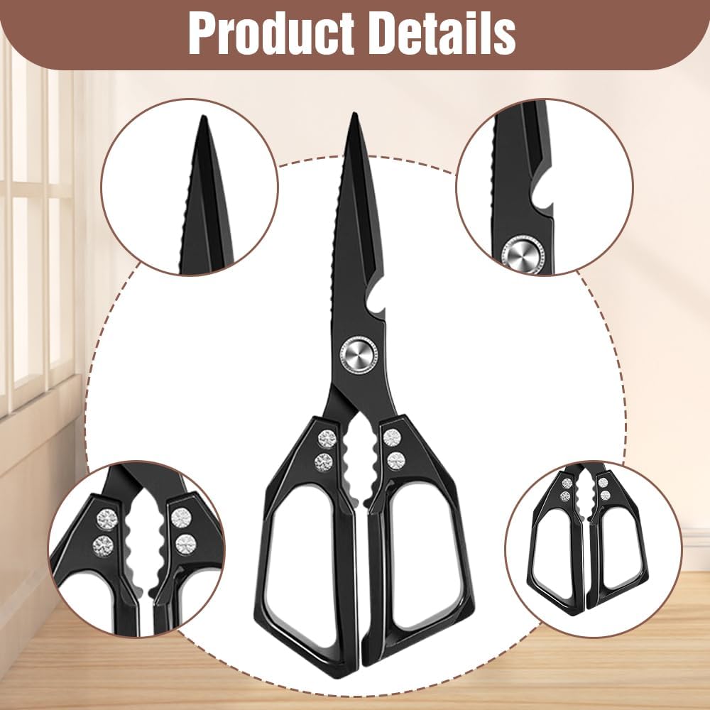 Multifunctional Heavy-Duty Kitchen Shears, Heavy Duty Kitchen Scissors for Food with Ergonomic Handle, High-Carbon Steel Culinary Shears for Chicken, Meat, Seafood, Bone Cutting (Long Black)
