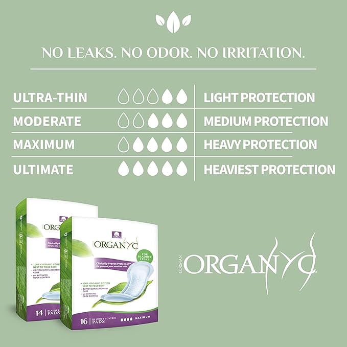 Organyc 100% Organic Cotton Incontinence Pads for Bladder Leaks, FSA/HSA Eligible, Maximum Flow, 16 Count (Pack of 2)