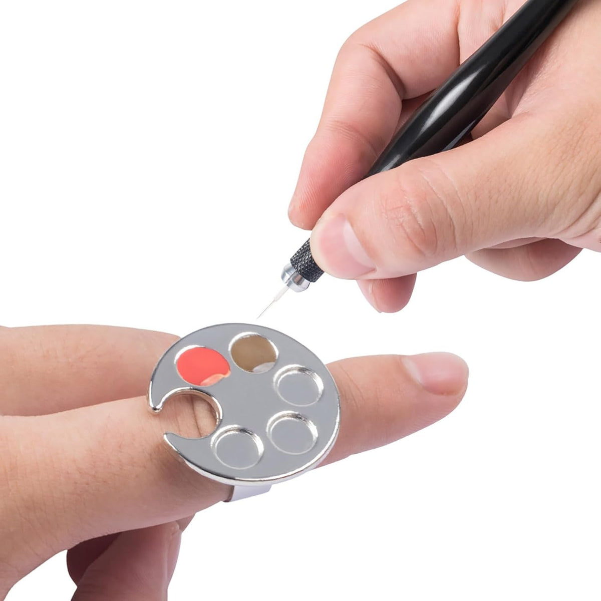 Makeup Spatula Set Stainless Steel, Make Up Tools Mini Mixing Tray with Finger Ring, Round Makeup Paint Palette