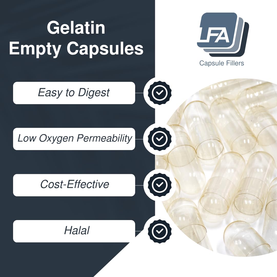Size 00 Empty Capsules - Clear Gelatin - 1000 Count Jar - Fits Capsule Machine Filling Tray - Joined Beef Gel Caps Easy Snap for DIY Powder Supplement Pills - Certified Halal
