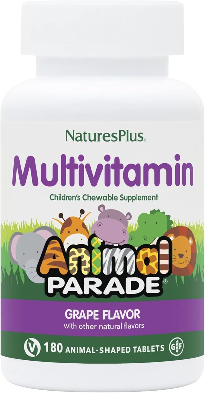 NaturesPlus Animal Parade Children's Chewable Multivitamin - Grape Flavor - 180 Animal-Shaped Tablets - Promotes Health & Well-Being - Vegetarian, Gluten Free - 90 Servings