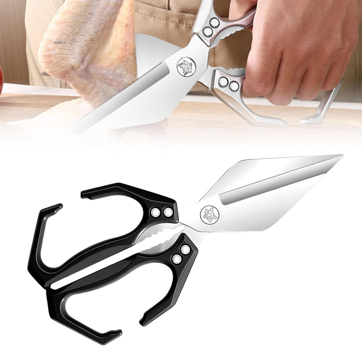 Multifunctional Heavy-Duty Kitchen Shears, Heavy Duty Kitchen Scissors for Food with Ergonomic Handle, High-Carbon Steel Culinary Shears for Chicken, Meat, Seafood, Bone Cutting (Black)