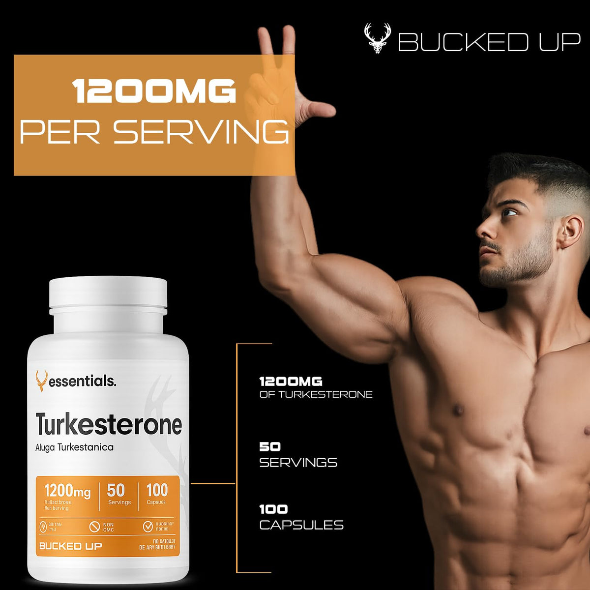 Bucked Up Turkesterone 1200mg | Ajuga Turkestanica Extract Standardized 10% | Non GMO Gluten Free Third Party Tested | Plant Based Supplement Capsules (100 Capsules, 50 Servings)
