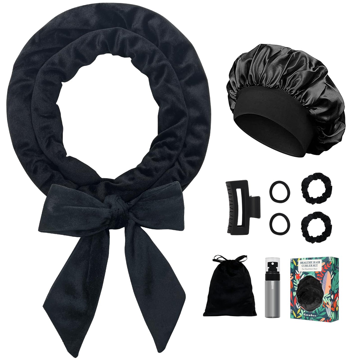 Gwabee No Heat Hair Curlers Overnight Curls Headband - 70" Soft Ribbon Curl Wrap for Long Hair, 9 PCS Curling Rod Set with Bonnet - Black
