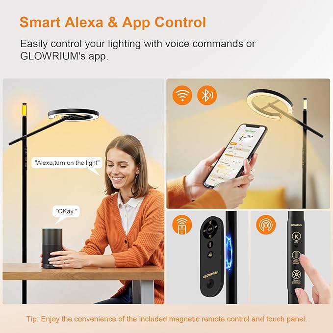 GLOWRIUM-H1 Smart Light Therapy Lamp 10000 Lux, LED UV-Free Sun Lamp, Circadian Rhythm, Full Spectrum Happy Light, Stepless Dimmable Energy Sunlight with App and Remote, Timer, Sleep Aid and Wake Up