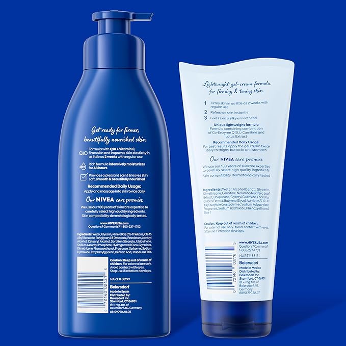 NIVEA Nourishing Hydration Skin Firming Body Lotion, 16.9 Fl Oz Skin Firming & Toning Body Gel Cream with Hyaluronic Acid, 6.7 Oz, Enriched with Q10 and Vitamin C