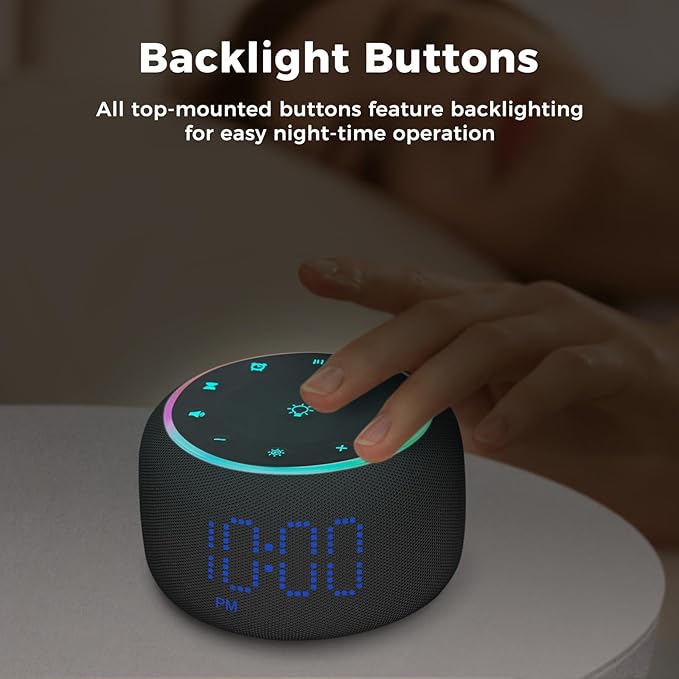 White Noise Machine Alarm Clock for Bedrooms - 5W Stereo Bluetooth Speaker - 24 Soothing Sounds - 9 Night Lights - Auto-Dimmable Digital Alarm Clock Sound Machine for Sleeping