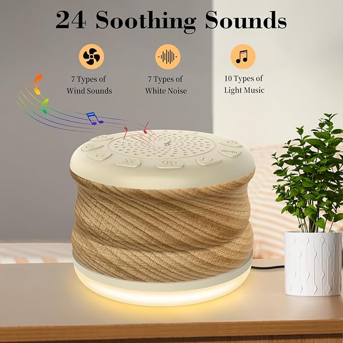 Solid Wood White Noise Sound Machine for Baby Adults Kids Sleep Sound Machine with 24 Soothing Sounds 8 Colors Night Light Timer Setting Function Portable Noise Machine for Gift (Wood, 3.93)