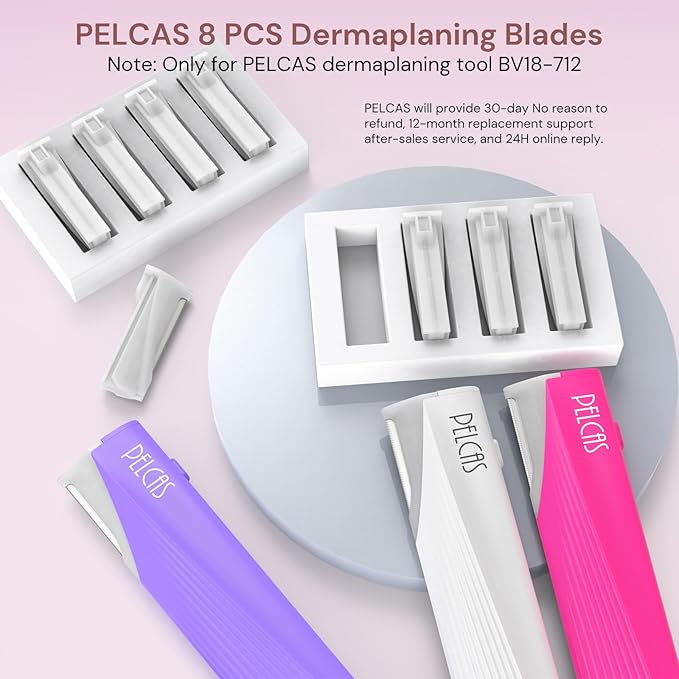 PELCAS Dermaplaning Blade Replacement Set, 8 PCS Dermaplaning Razors for Women Facial Peach Fuzz & Hair Removal System SPA at Home Only Fit with PELCAS Dermaplaning Tool BV18-712 -Device Not Included