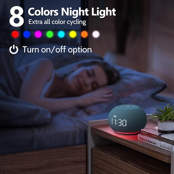 Reacher Auto-Brightness Alarm Clock Sound Machine, 20 Soothing Sounds, 8 Colors Night Light, Auto-Off Timer, 0-100% Dimmable Digital Display, Precise 30-Level Volume White Noise Machine