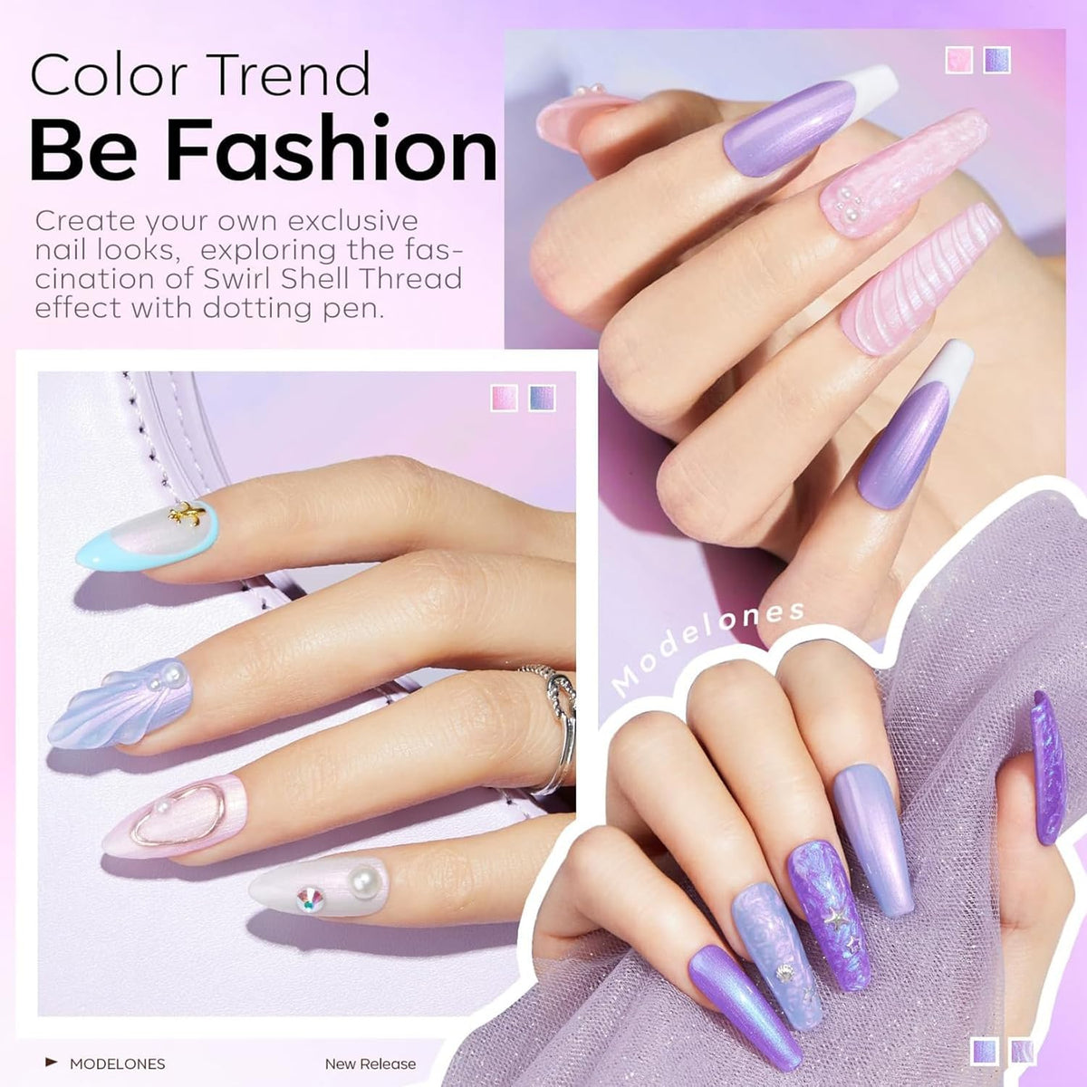 modelones Gel Nail Polish, 6 Colors Shimmer Pearl White Pink Purple Mermaid Nail Drawing Glitter Gel Polish with Dotting Pen Soak Off Led Nail Polish Swirl Shell Thread Effect Manicure DIY Gift