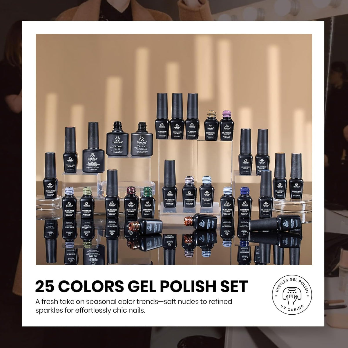 Beetles Fall Gel Nail Polish Set – Catwalk Tonal Hues 25 Colors Gel Polish, Nude Brown Yellow Purple Green Glitter with Base Glossy Mattle Top Coat Soak Off UV LED Winter Manicure Gift for Women