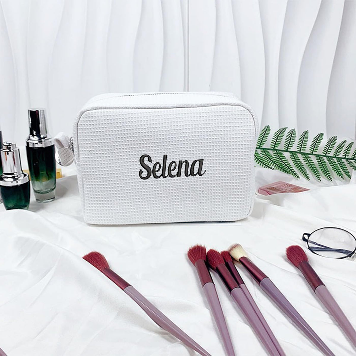 GOPHIE Personalized Embroidered Makeup Bag,Custom Waffle Fabric Cosmetic Pouch for Women, Travel Makeup Pouch (1, White)