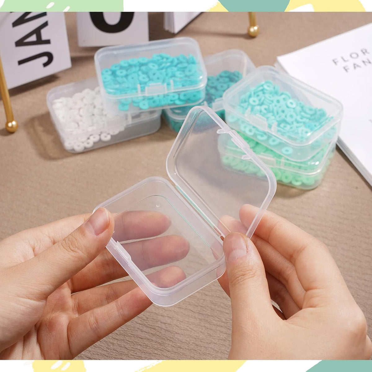 ISKYBOB 6 Packs Rectangle Small Clear Plastic Storage Containers Box Case with Hinged Lid Crafts Organizer for Crayons, Bobby Pin, Beads (2.6 x 1.8in)