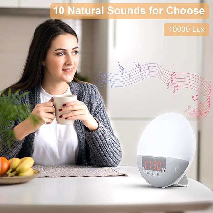 Wake Up Light, 10000 Lux UV Free Sun lamp Sunrise Alarm Clock, Dimmable 5 Brightness & 4 Color Temperatures & Timer, Dual Alarms & Snooze, Sleep Aid with 10 Natural Sounds
