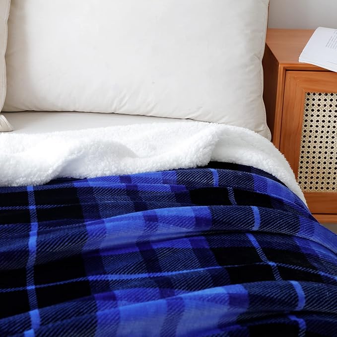 SOCHOW Sherpa Plaid Fleece Throw Blanket, Double-Sided Super Soft Luxurious Bedding Blanket 90 x 108 inches, Blue