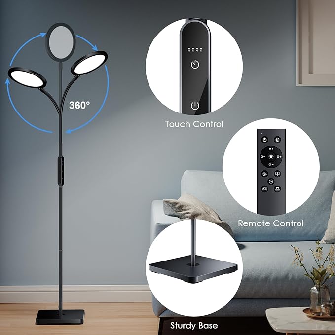 Light Therapy Lamp, 11,000 Lux Sunlight Lamp with Touch&Remote Control, Floor Lamp with 4 Color Temperatures &5 Brightness Levels,Full Spectrum Light with 4 Timers for Reading/Office/Home