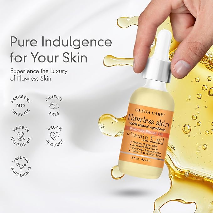 Olivia Care Vitamin C + Hyaluronic Acid Flawless Essential Facial Oil Acid 100% Natural, Reviving, Hydrating, Calming & Soothing. Stabilize & Retain Moisture 2 fl oz (Vitamin C)