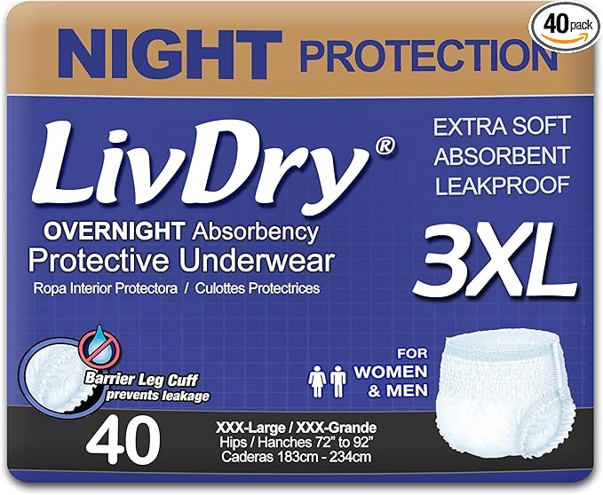 LivDry Adult Incontinence Underwear, Overnight Comfort Absorbency, Leak Protection (XXX-Large (40 Count))