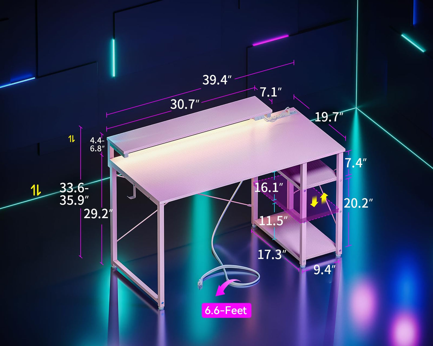 MOTPK Gaming Desk with Led Lights & Power Outlet, 40 Inch Small Gaming Computer Desk with Shelves, Reversible Gamer Desk with Adjustable Monitor Stand & Headphone Hook, Carbon Fiber Texture Pink