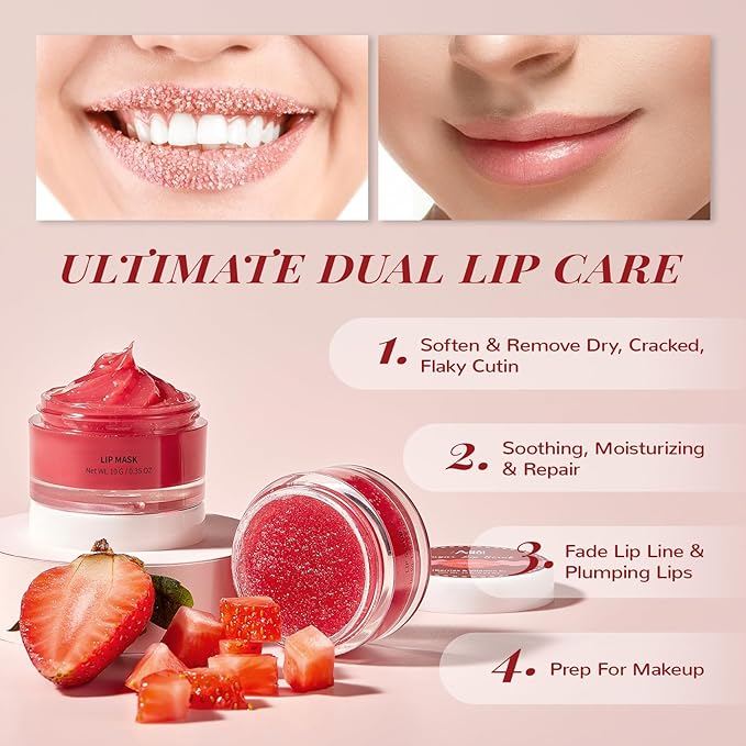 ANAI RUI Turmeric Lip Treatment Set & Strawberry Lip Care Kit with Lip Sleeping Mask + Lip Exfoliatot Scrub for Hydrating & Plumping Lips