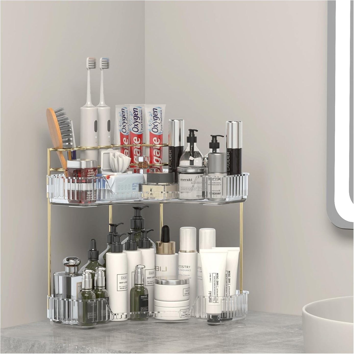 Makeup Organizer Countertop 2 Tier, Corner Bathroom Countertop Organizer with Toothbrush and Makeup Brush Holder, Corner Vanity Tray for Skincare Organization