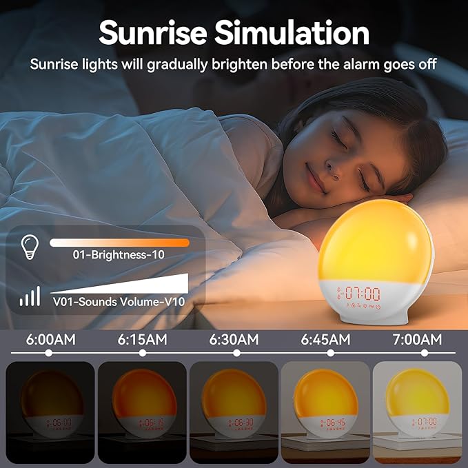 Wake Up Light, Sunrise Alarm Clock with 10,000 Lux Therapy Light, White Noise Sound Machine with Sleep Aid, 11 Atmosphere Lights, Dual Alarm & Snooze Function