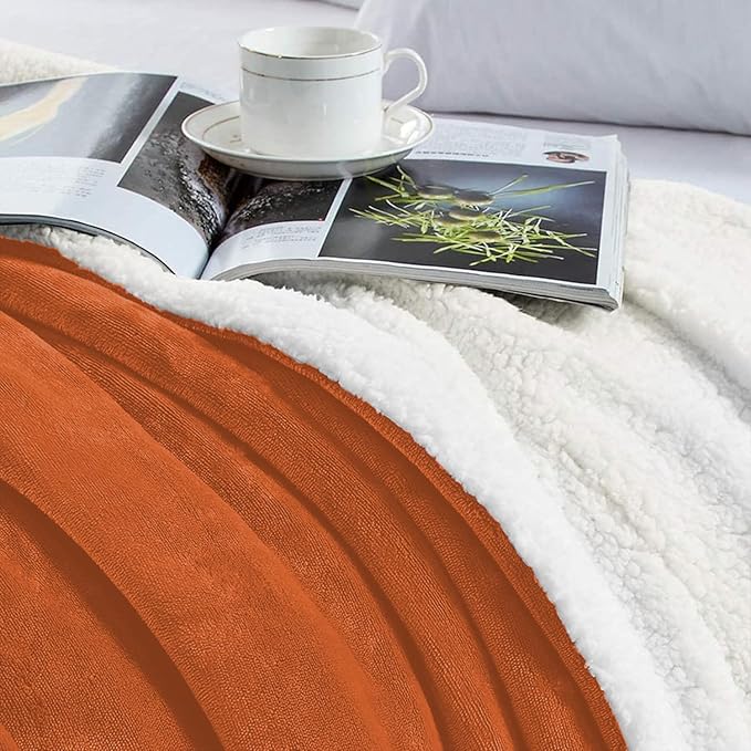 IR Imperial Rooms Sherpa Blankets Queen Size - Thick and Warm Blankets for Winter, Reversible Soft and Fuzzy Fluffy Queen Size Blanket for Bed, Rust, 90x90 Inches