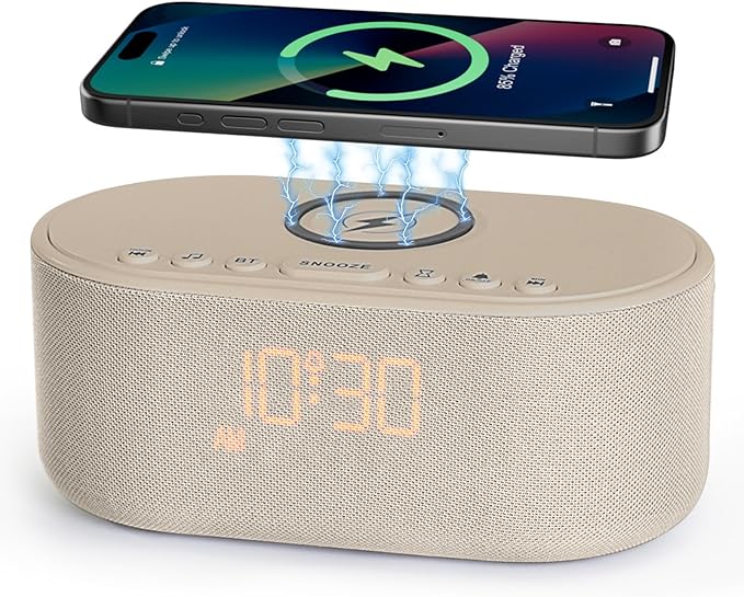 Sound Machine Alarm Clock for Bedrooms: Bluetooth 10W Stereo Speaker with Wireless Charging - White Noise Machine for Sleeping with 21 Soothing Sounds - Putty
